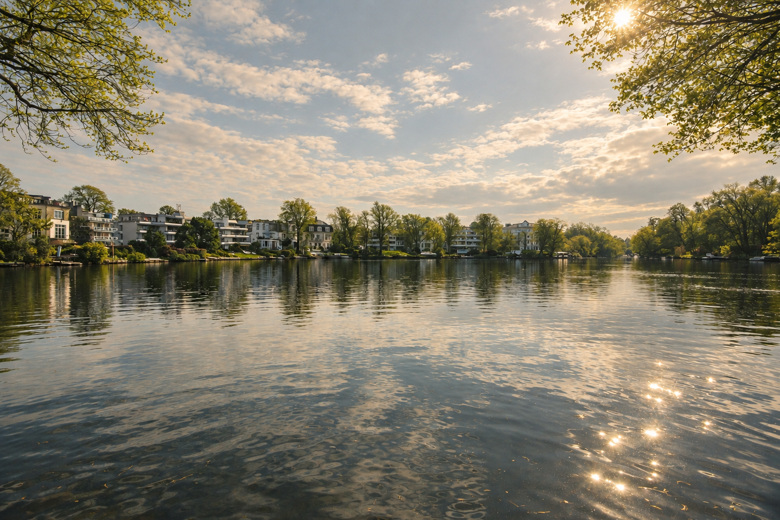 Abendstimmung am Rondeelteich in Hamburg-Winterhude mit Uferhäusern und Baumkulisse